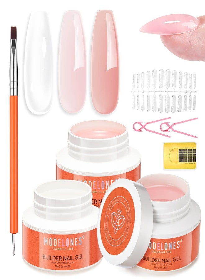 modelones Builder Nail Gel 3 Colors, 10-in-One Builder Clear Nude Pink Hard Gel Nail Kit with Dual End Brush, Acrylic Clamps, Paper Forms for Extension Apex Building Sculpting LED Cured - Image 1